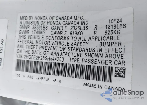 2025 Honda Civic Lx z USA, uszkodzony, nr VIN 2HGFE2F28SH544200